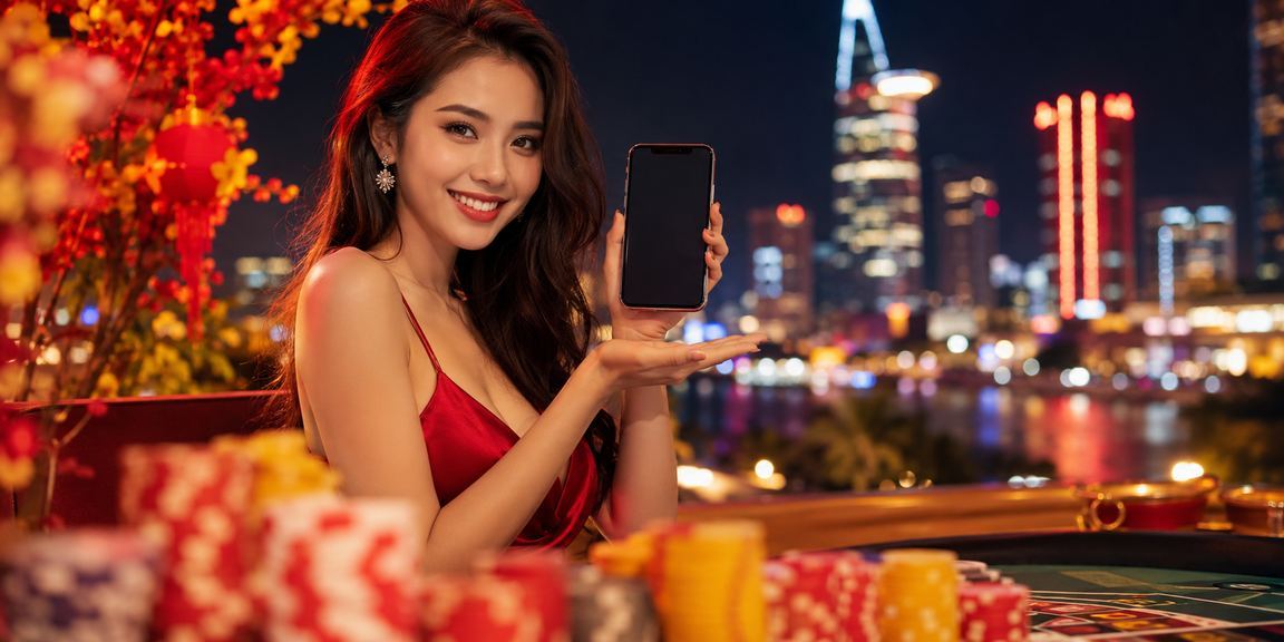 Người chơi trải nghiệm casino trên điện thoại dưới ánh đèn neon TP. Hồ Chí Minh